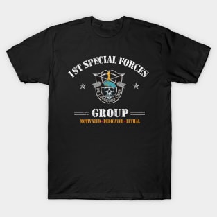 US Army 1st Special Forces Group Motivated Dedicated Lethal De Oppresso Liber SFG - Gift for Veterans Day 4th of July or Patriotic Memorial Day T-Shirt